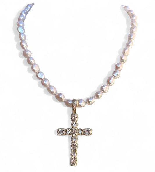 Pearl CZ Cross Necklace