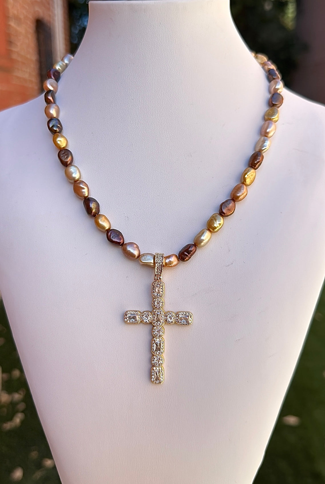 Multi Brown Pearl CZ Cross Necklace