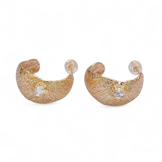 Gold Textured Round Clear CZ Hoop Earrings