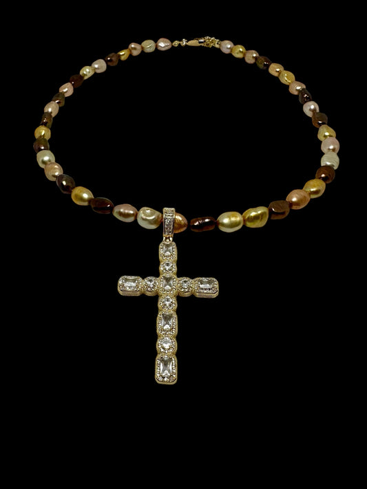 Multi Brown Pearl CZ Cross Necklace