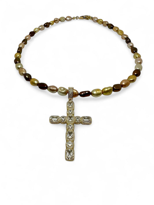 Multi Brown Pearl CZ Cross Necklace