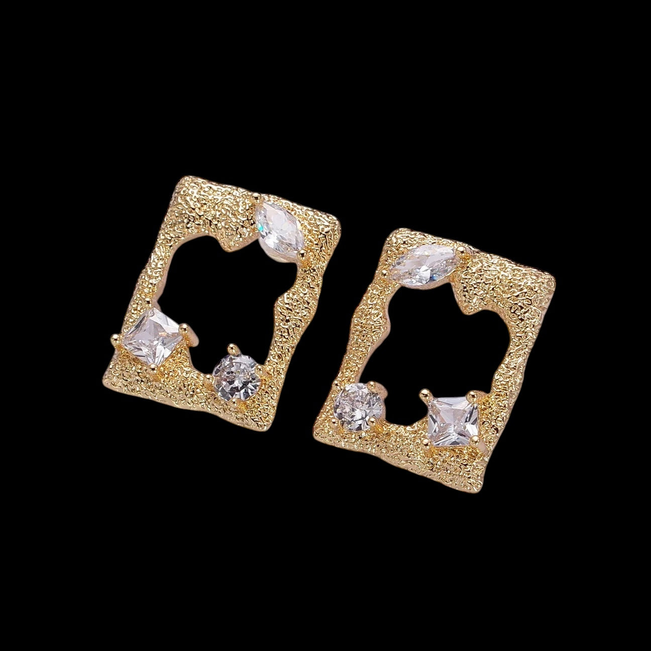 Rectangular Textured CZ Open Abstract Earrings