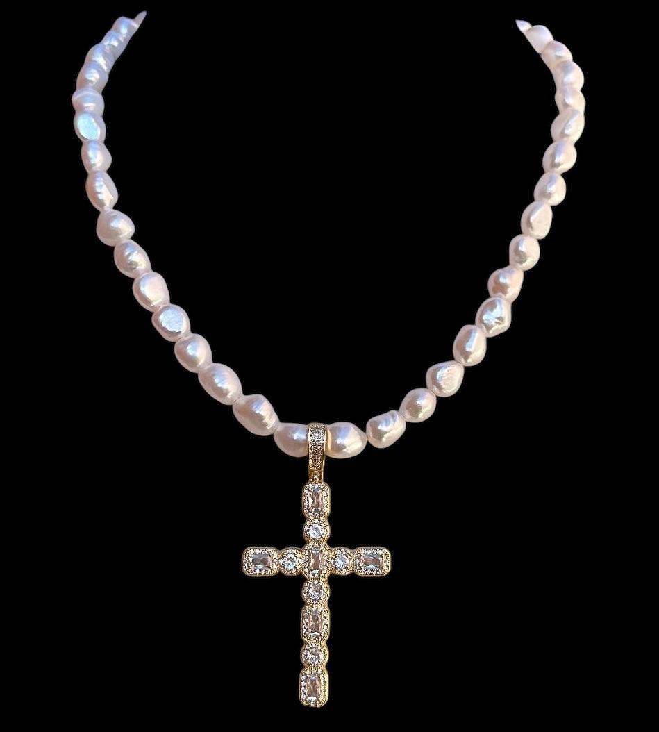 Pearl CZ Cross Necklace