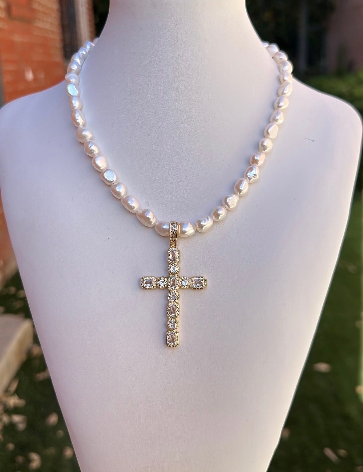 Pearl CZ Cross Necklace