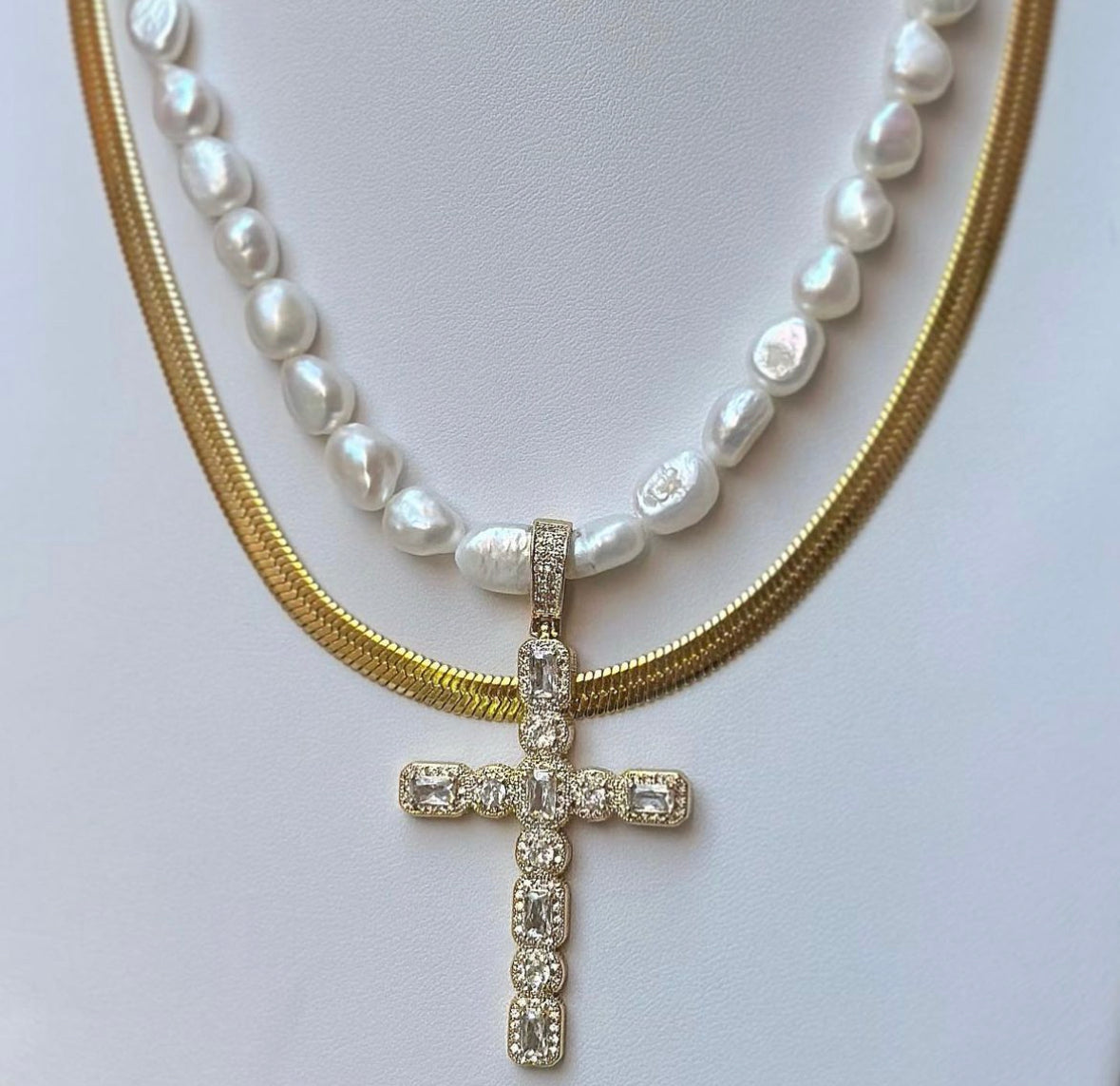 Pearl CZ Cross Necklace